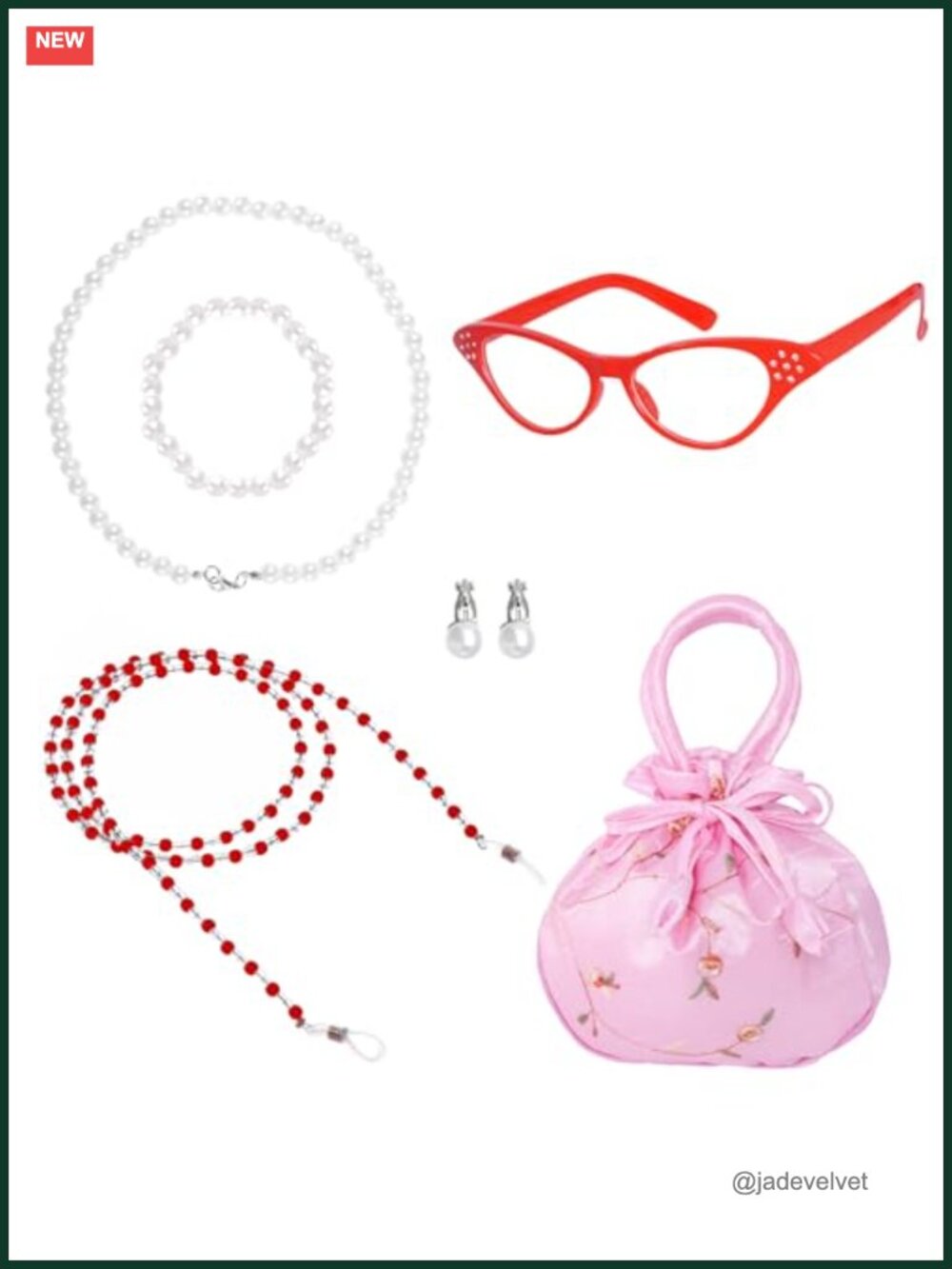 6pc Old Lady Costume Accessory Set Pearl Jewelry Glasses & Handbag